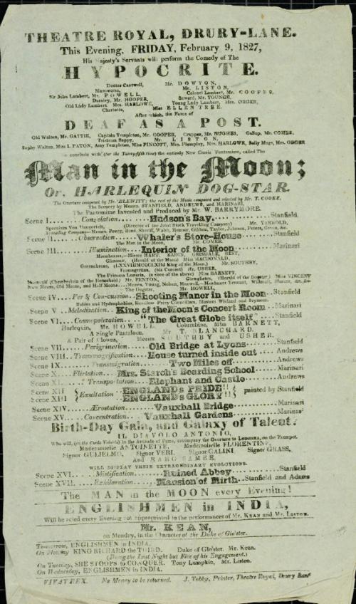 Handbill for Theatre Royal, Drury Lane. February 9, 1827