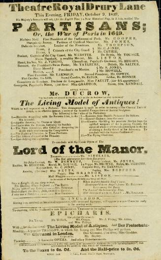 Handbill for Theatre Royal, Drury Lane. October 9, 1829