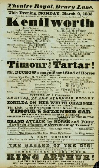 Handbill for Theatre Royal, Drury Lane. March 9, 1835