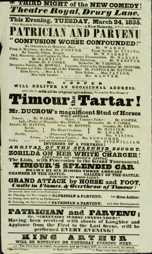 Handbill for Theatre Royal, Drury Lane. March 24, 1835