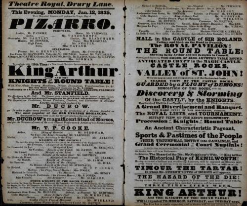Double page Playbill for Theatre Royal, Drury Lane. January 12, 1835