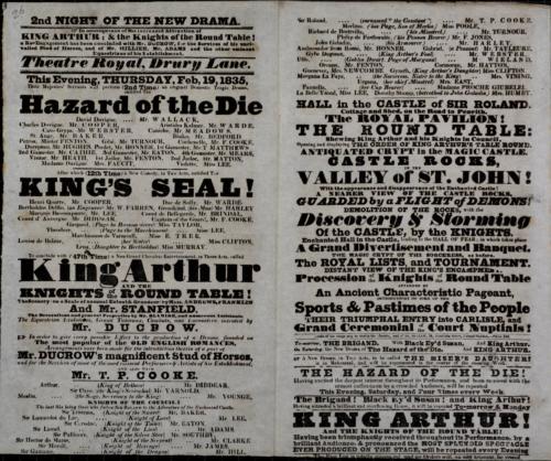 Double page Playbill for Theatre Royal, Drury Lane. February 19, 1835