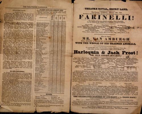 Double page, 2 sided Playbill for Theatre Royal, Drury Lane. February 12, 1839