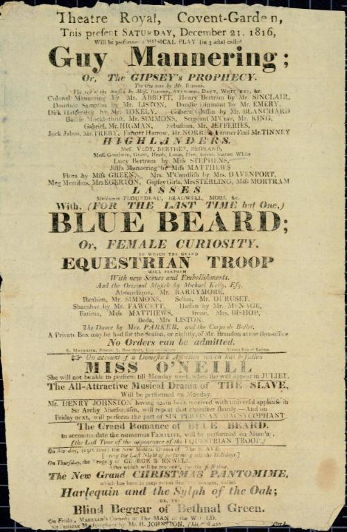 Handbill for Theatre Royal, Covent Garden. December 21, 1816