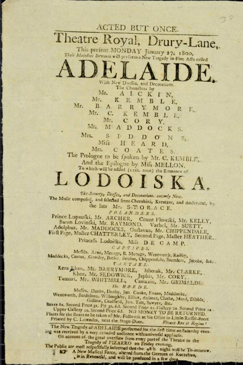 Handbill for Theatre Royal, Drury Lane 27 January 1800