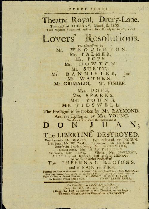 Handbill for Theatre Royal, Drury Lane. March 2, 1802