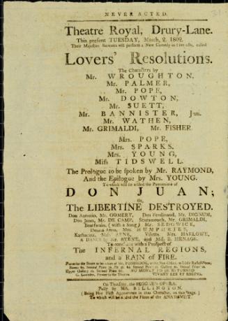 Handbill for Theatre Royal, Drury Lane. March 2, 1802