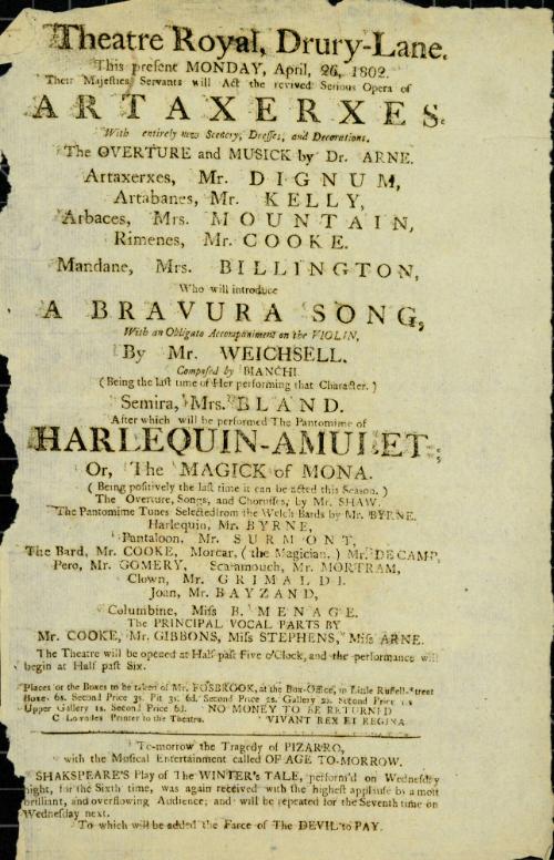 Handbill for Theatre Royal, Drury Lane. April 22, 1802
