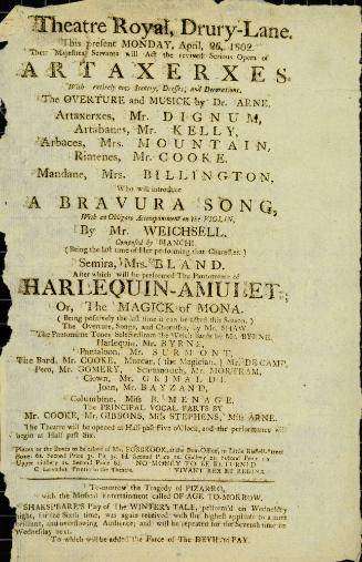 Handbill for Theatre Royal, Drury Lane. April 22, 1802