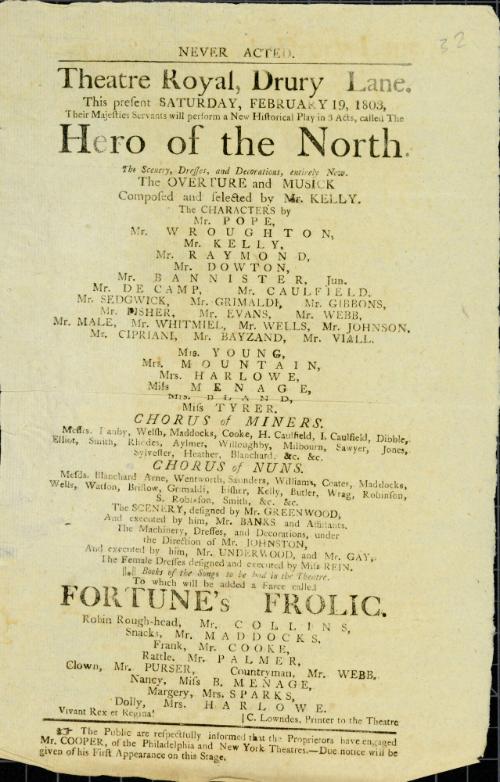 Handbill for Theatre Royal, Drury Lane. February 19, 1803.