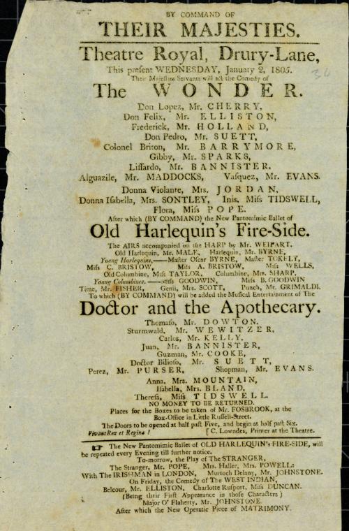 Handbill for Theatre Royal, Drury Lane. January 2, 1805