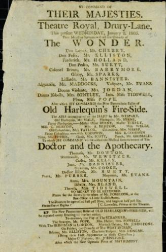 Handbill for Theatre Royal, Drury Lane. January 2, 1805