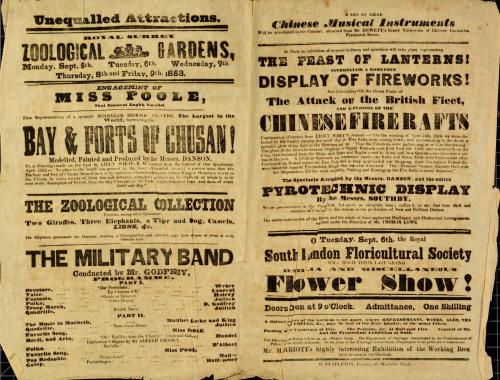 Playbill for Royal Surrey Zoological Gardens. September 5, 6,7, 8,9, 1853