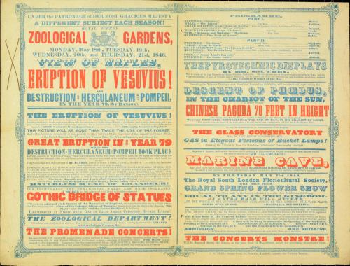Playbill for Royal Surrey Zoological Gardens. May 18, 19, 20, 21, 1846