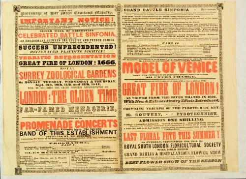 Playbill for Royal Surrey Zoological Gardens. September 9.10.11.12, 1844