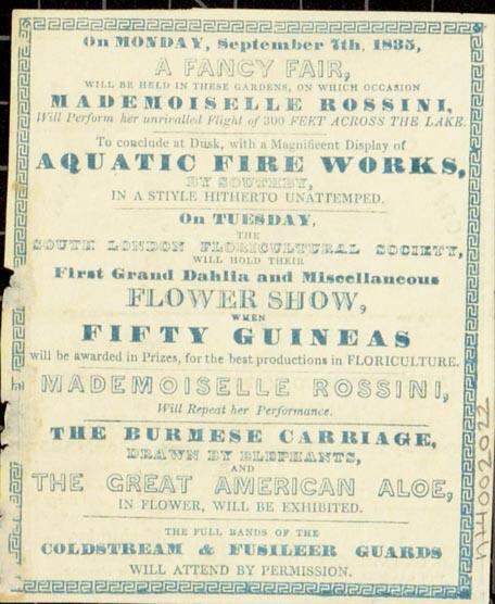 Handbill for Royal Surrey Zoological Gardens. September 7 & 8 1835