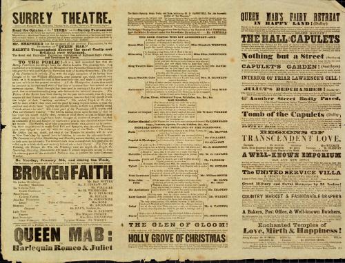 Three Columned Playbill for Surrey Theatre. January 4, 1858