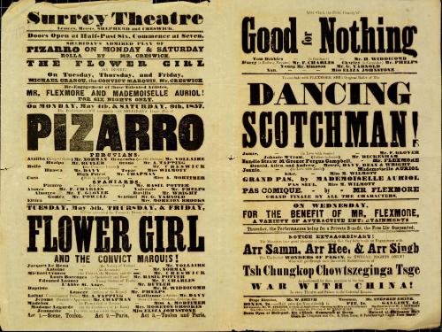 Double page Playbill for Surrey Theatre. Week of May 4, 1857