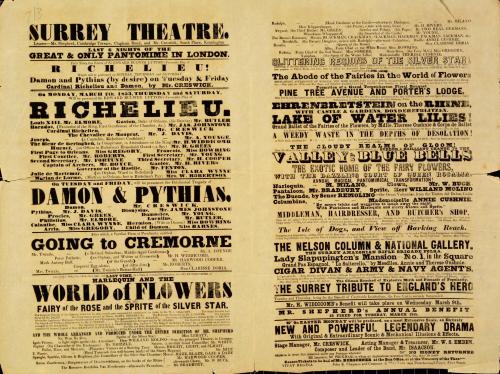 Double page Playbill for Surrey Theatre. Week of March 7, 1853