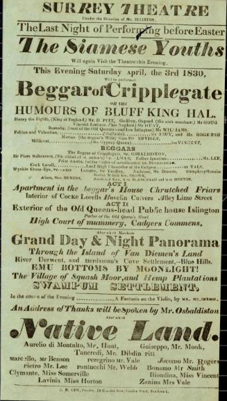Handbill for Surrey Theatre. April 3, 1830