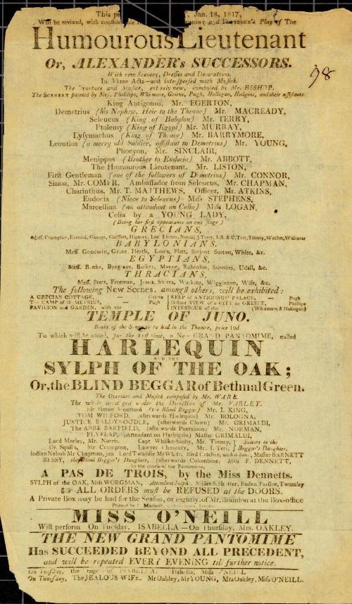 Handbill for Theatre Royal, Covent Garden. January 18, 1817