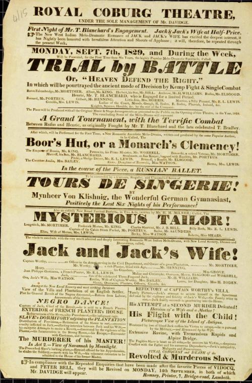 Handbill for Royal Coburg Theatre. Spetember 7, 1829