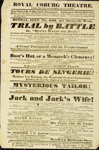 Handbill for Royal Coburg Theatre. Spetember 7, 1829