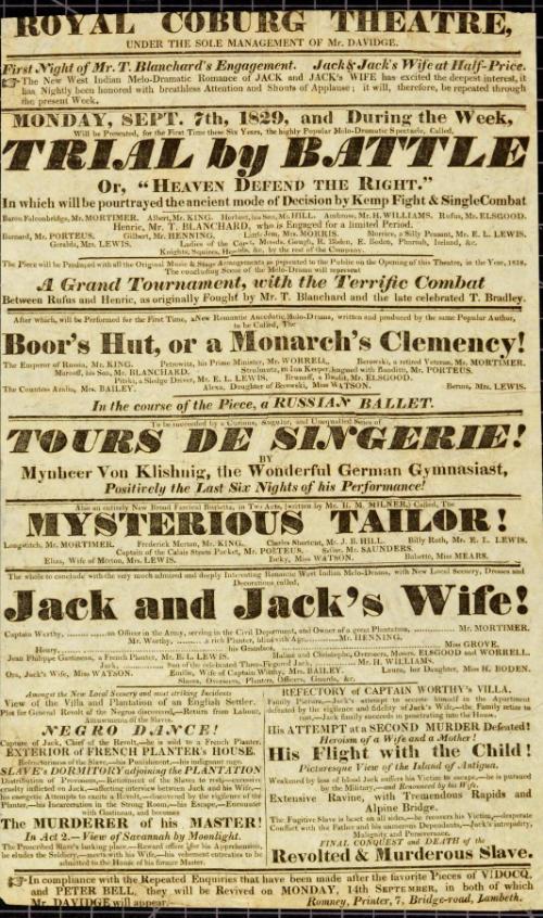 Handbill for Royal Coburg Theatre. September 7, 1829