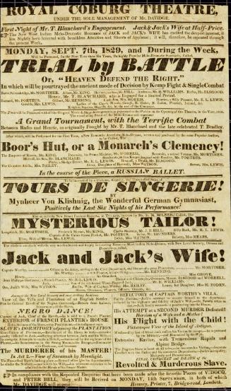 Handbill for Royal Coburg Theatre. September 7, 1829