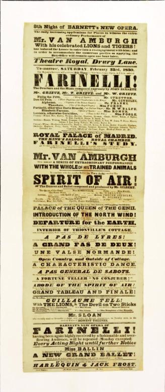 Handbill for Theatre Royal, Drury Lane. February 23, 1839. Farinelli and Mr. Van Amburgh