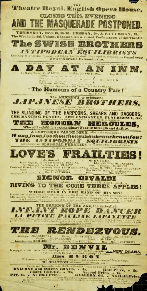 Playbill for Theatre Royal, English Opera. December 17, 1835