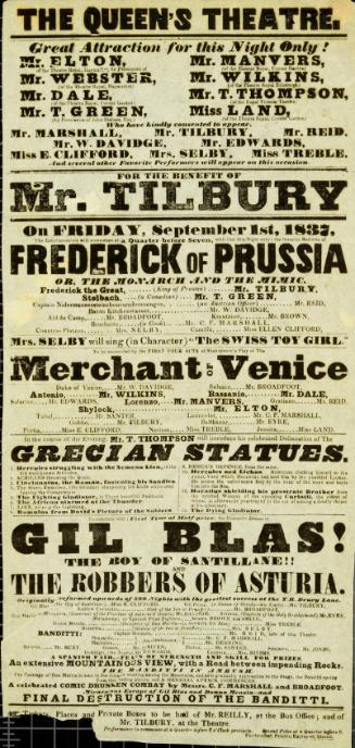 Playbill for The Queen's Theatre. September 1, 1837