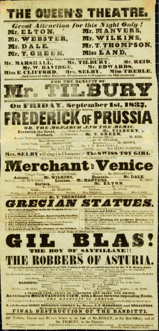Playbill for The Queen's Theatre. September 1, 1837