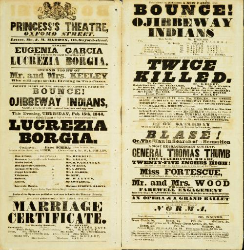 Doublepage Playbill for Princess's Theatre. February 15, 1844