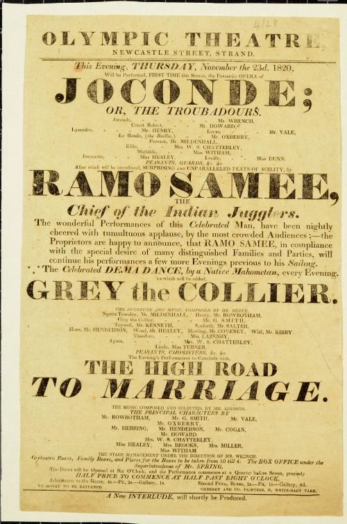 Handbill for Olympic Theatre. November 23, 1820