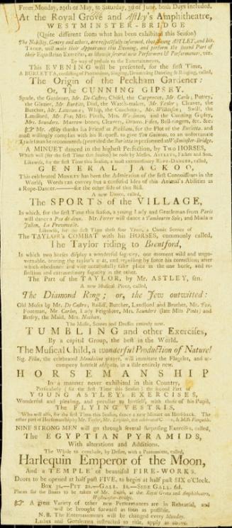 Playbill for Astley's Amphitheatre, Westminster-Bridge. May 29, 1786. Two Sided