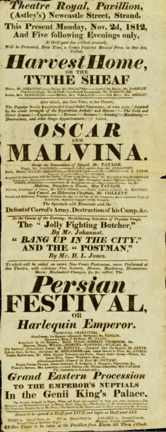 Playbill for Theatre Royal, Pavilion, Astley's, Newcastle Street, Strand. Week of November 2, 1812