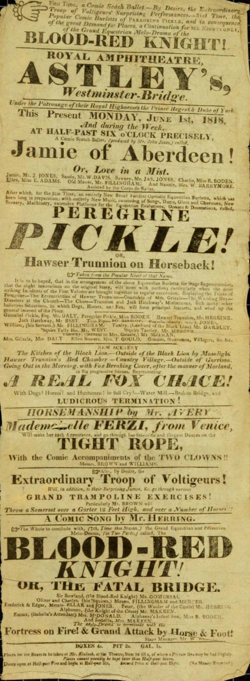 Playbill for Astley's Royal Amphitheatre, Westminster Bridge. June 1, 1818