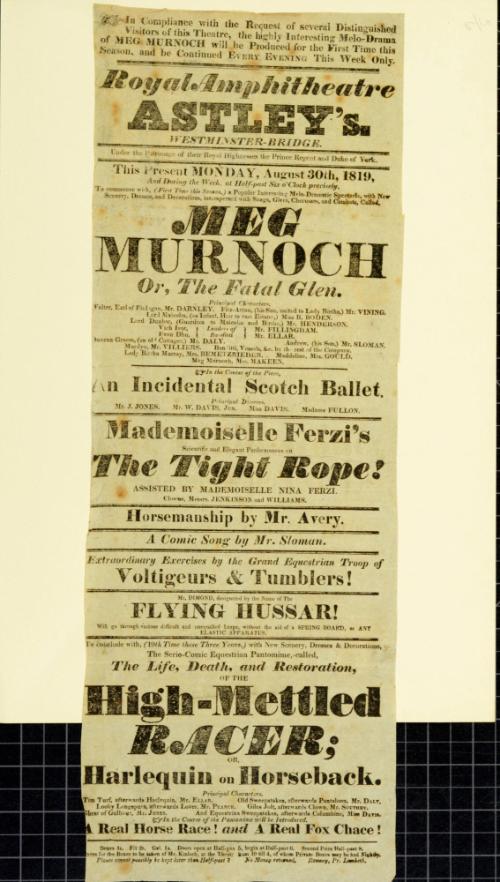 Playbill for Astley's Royal Amphitheatre, Westminster Bridge. August 20, 1819