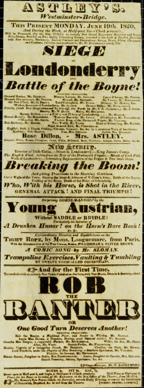 Playbill for Astley's, Westminster-Bridge. June 19, 1820