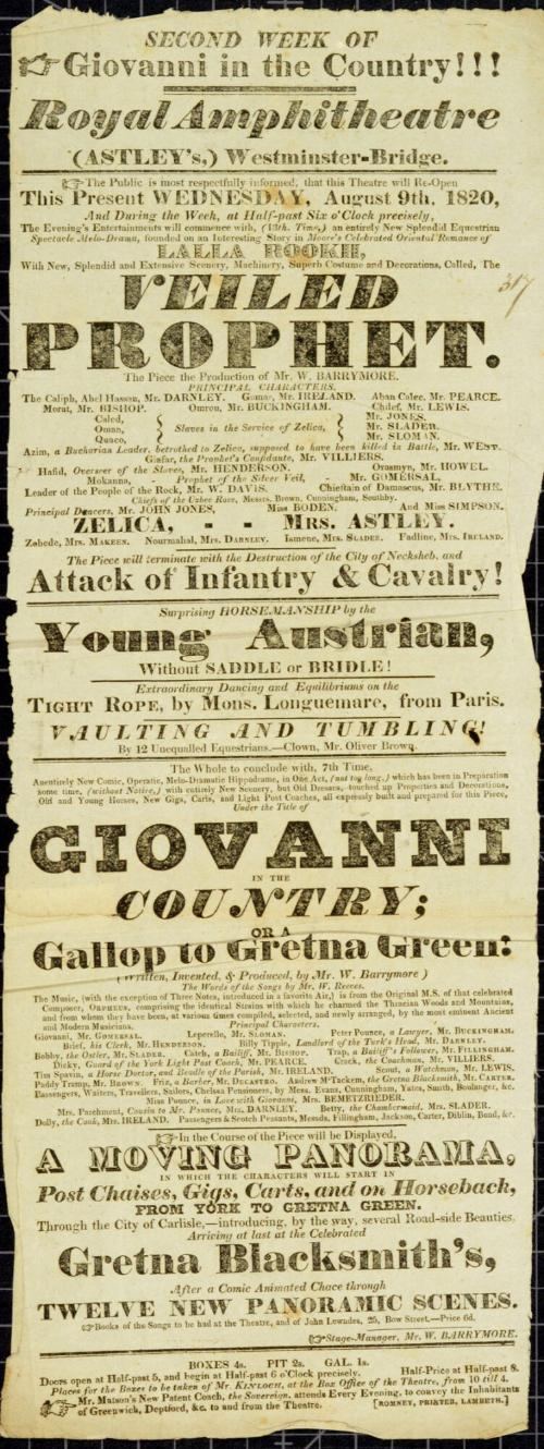 Playbill for Astley's Royal Amphitheatre, Westminster-Bridge. August 9, 1820