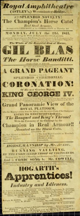 Playbill for Royal Amphitheater, Astley's, Westminster-Bridge. July 23, 1821