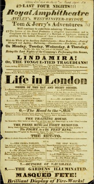 Playbill for Royal Amphitheater, Astley's, Westminster-Bridge. Week of October 8th, 1821