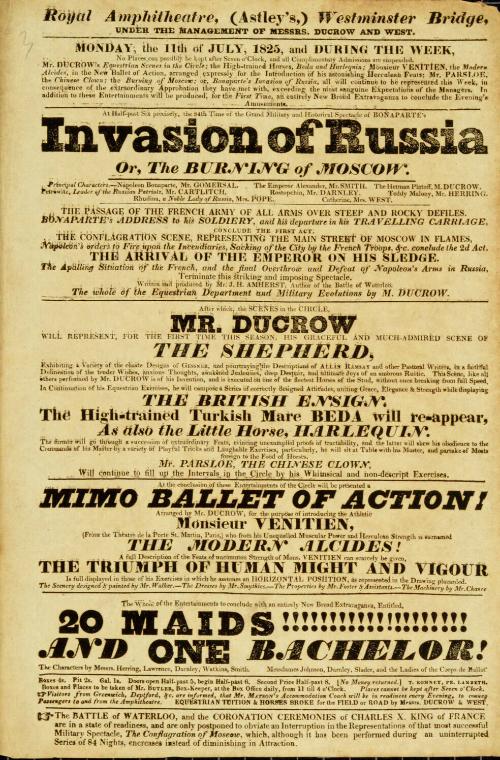 Handbill for Royal Amphitheatre, Westminster Bridge. July 11, 1825