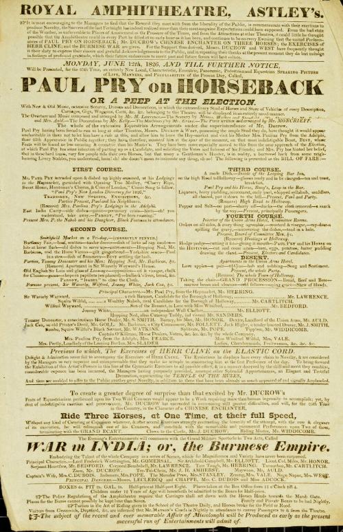 Handbill for Royal Amphitheatre, Westminster Bridge. June 12, 1826