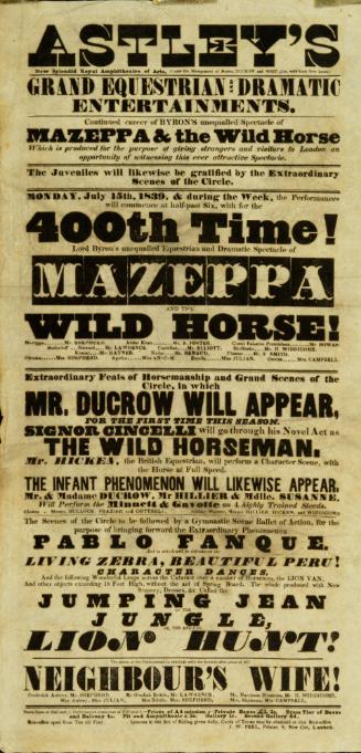 Playbill for Astley's Royal Amphitheatre. July 15, 1839