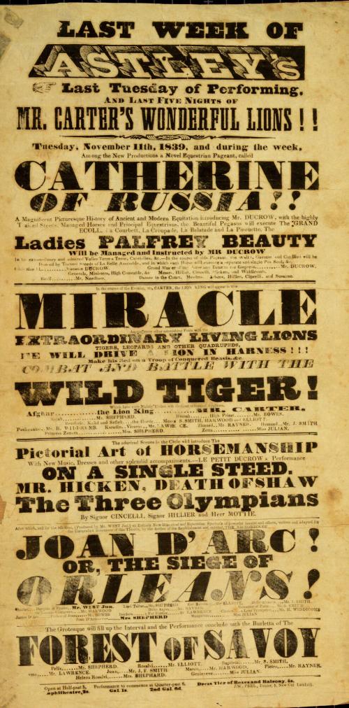 Playbill for Astley's Royal Amphitheatre. November 11, 1839