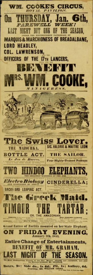 Playbill for Wm Cooke's Circus, Royal Pavilion, Brighton. January 6, 1853