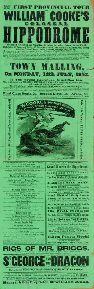 Playbill for William Cooke's Colossal Hippodrome. July 12, 1852