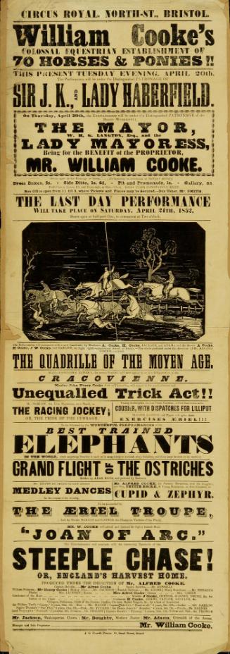 Playbill for William Cooke's Colossal Equestrian Establishment. April 20, 1852